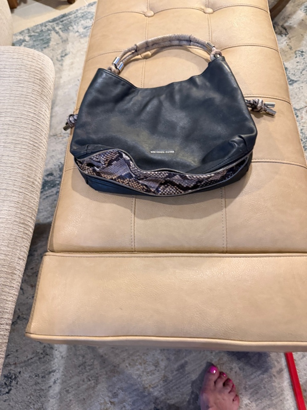 Michael Kors Black Leather Shoulder Hobo with reptile Wrapped Handle - Picture 6 of 11